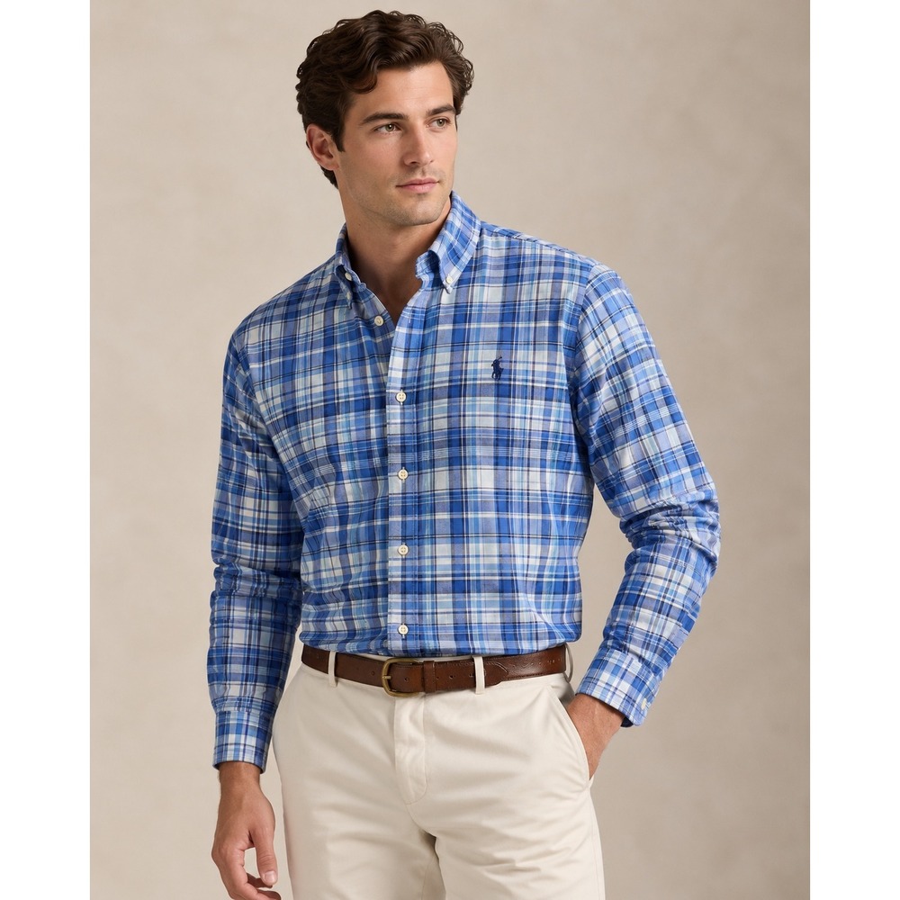 Ralph Lauren Mens Large Blue White Plaid Cotton Stretch Button Down Shirt Large